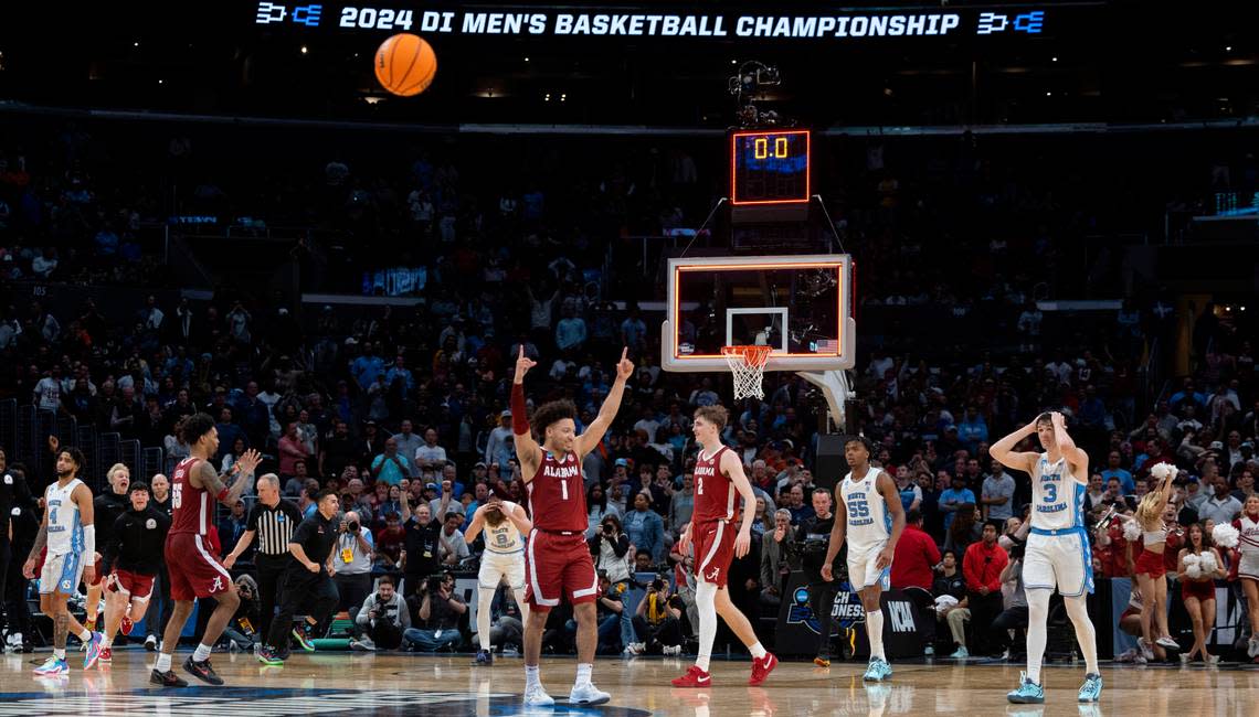 Alabama’s Mark Sears (1) celebrates the Crimson Tide’s 89-87 victory over North Carolina as time expires in the NCAA Sweet Sixteen on Thursday, March 28, 2024 at Crypto.com Arena in Los Angeles, CA.