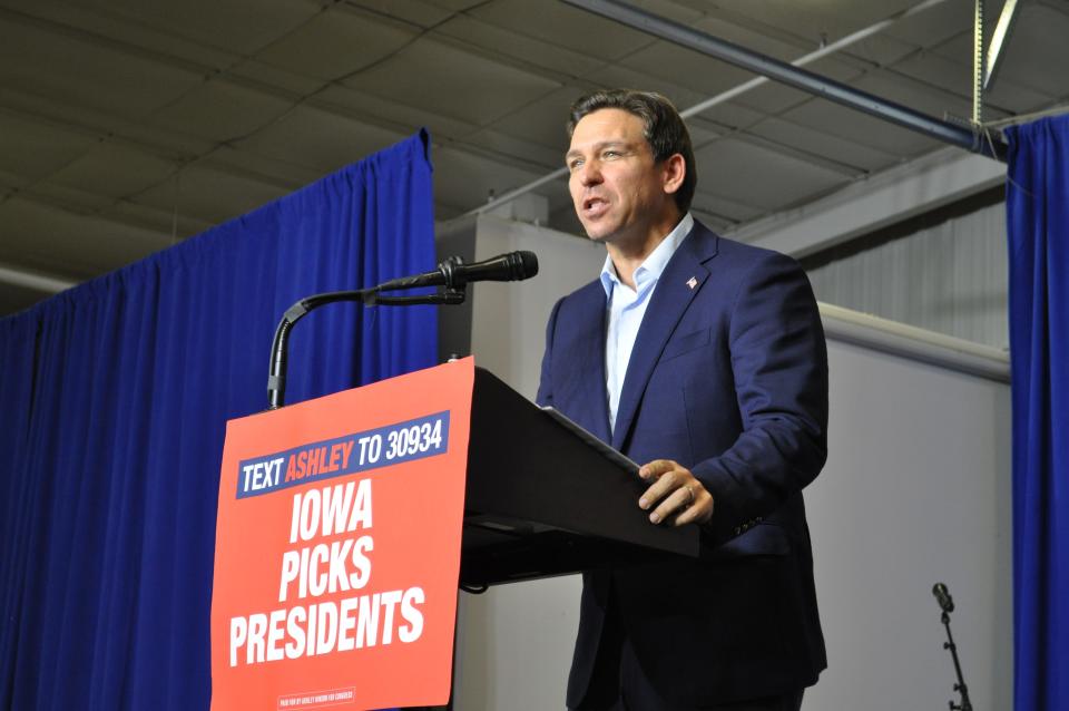 Gov. Ron DeSantis, R-Florida, makes his point to a large crowd in Cedar Rapids, Iowa, while campaigning throughout the state before the Jan. 15, 2024, GOP Iowa Caucuses