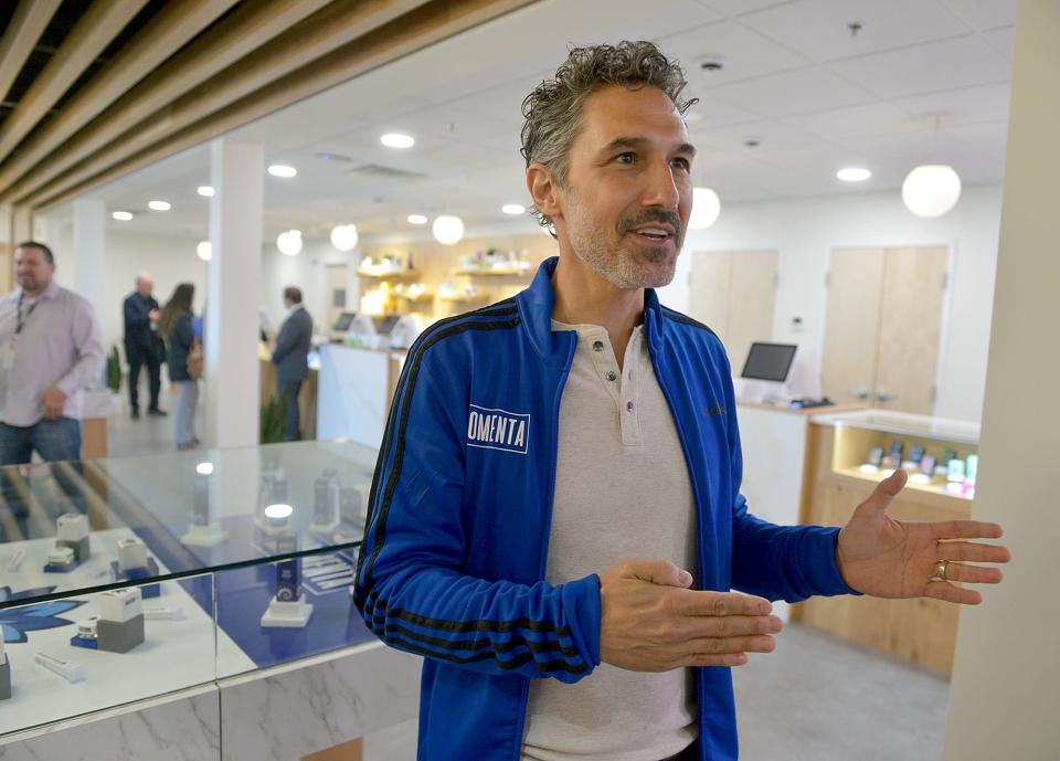 Ethan Zohn, a Lexington native, cancer survivor and winner of the television show "Survivor: Africa," is shown at Trulieve, a new adult-use cannabis dispensary at 85 Worcester Road in Framingham, on March 28, 2022.