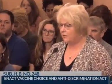 <p>Dr Sherri Tenpenny, who told the Ohio legislature that coronavirus vaccines “magnetize” people and suggested they “interface” with 5G cellular towers</p> (Screengrab)