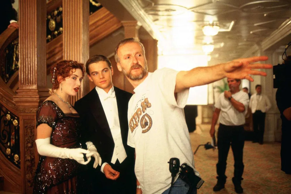 Kate Winslet, Leonardo DiCaprio, and James Cameron on the set of "Titanic"