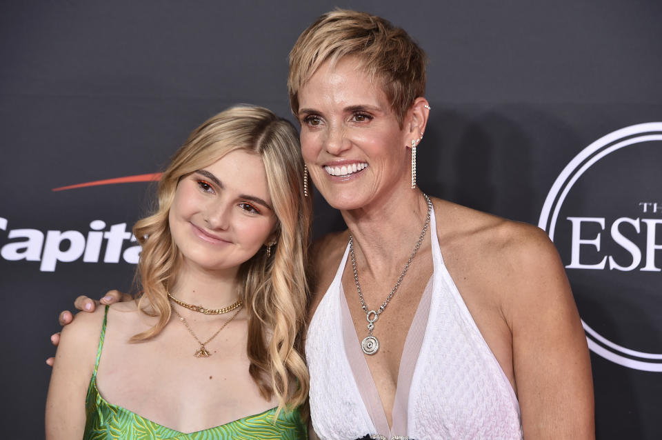 Dara Torres, right, and Tessa Grace Torres-Hoffman arrive at the ESPY Awards on Wednesday, July 20, 2022, at the Dolby Theatre in Los Angeles. (Photo by Jordan Strauss/Invision/AP)