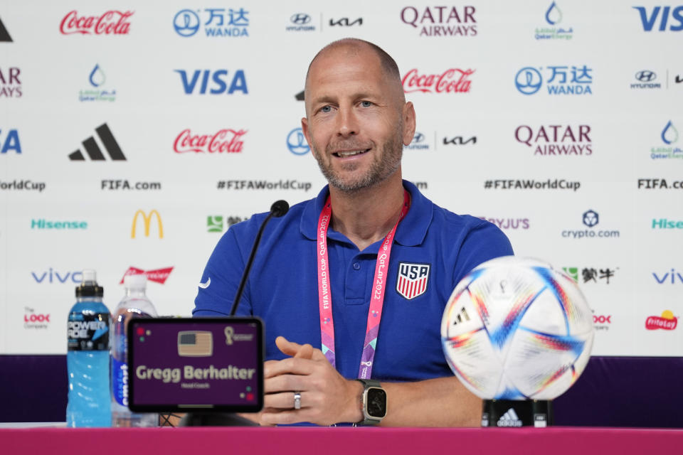 Head coach Gregg Berhalter of the United States attends a press conference on the eve of the round of 16 World Cup soccer match between the Netherlands and the United States at Kalifa International Stadium, in Doha, Qatar, Friday, Dec. 2, 2022. (AP Photo/Ashley Landis)