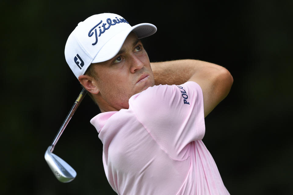 Justin Thomas hits from the second tee during the first round of the Tour Championship golf tournament Thursday, Aug. 22, 2019, in Atlanta. (AP Photo/John Amis)