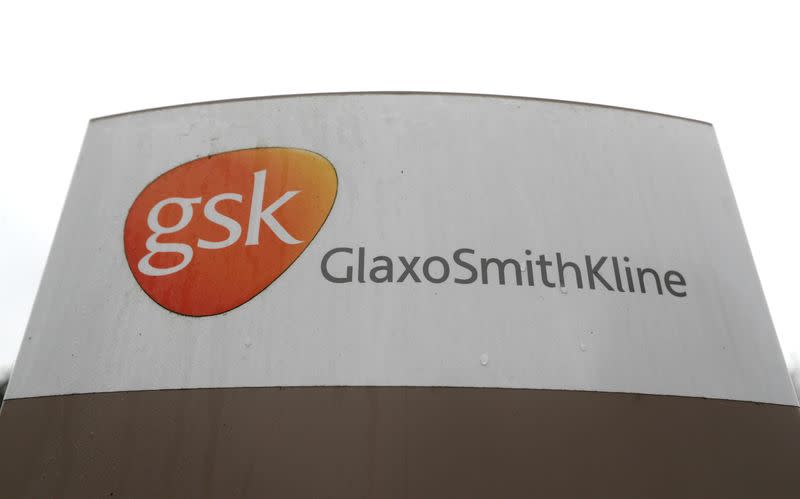 A GSK logo is seen at the GSK research centre in Stevenage