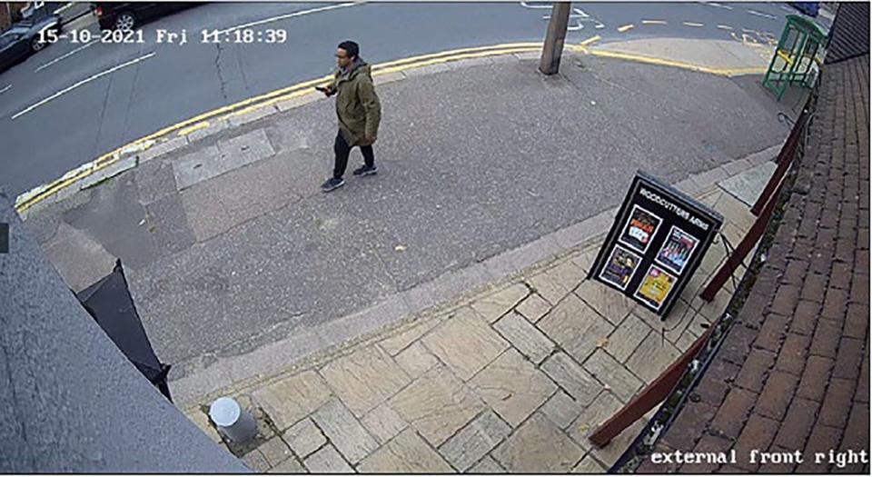 Murder suspect Ali Harbi Ali captured walking between Leigh-on-Sea railway station and Belfairs Methodist Church on 15 October 2021 (PA Media)