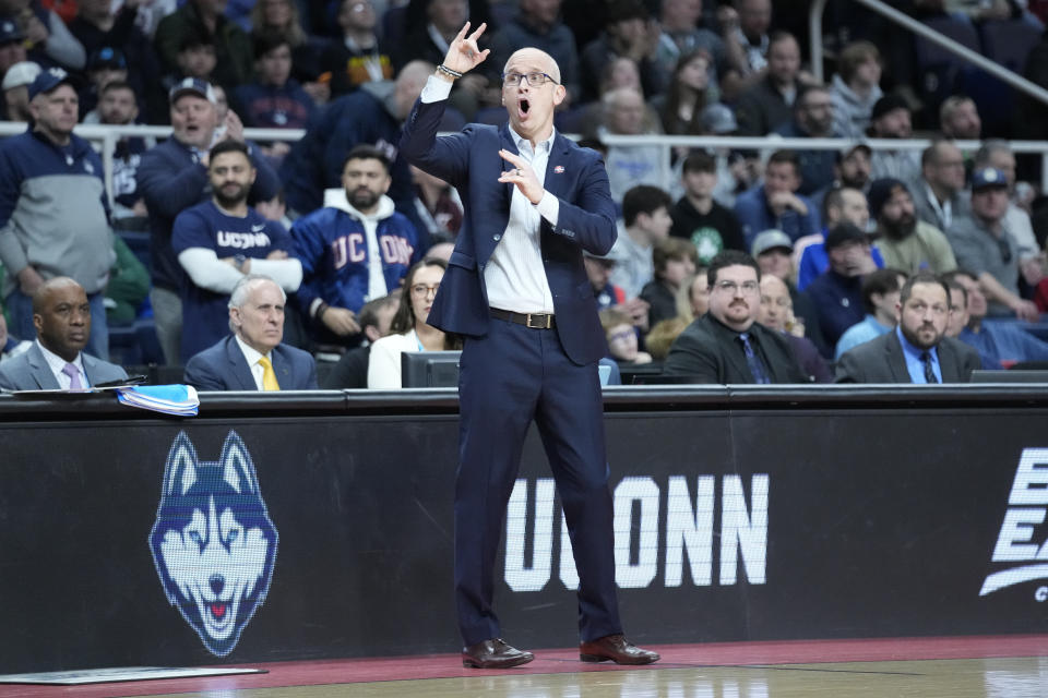 Connecticut head coach Dan Hurley works the bench in the first half of a second-round college basketball game against St. Mary's in the NCAA Tournament, Sunday, March 19, 2023, in Albany, N.Y. (AP Photo/John Minchillo)