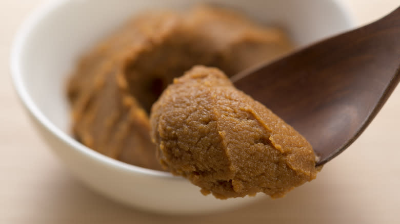 Miso paste on wooden spoon