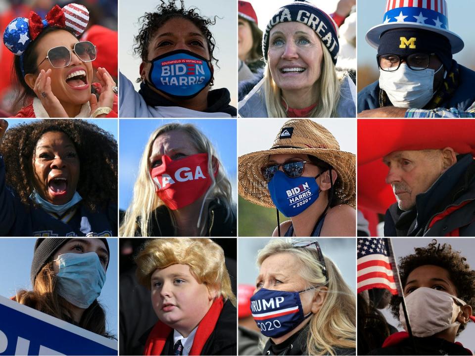 12 head shots of Trump and Biden voters are arrayed in a 4 by 3 grid, many wearing masks with political slogans.