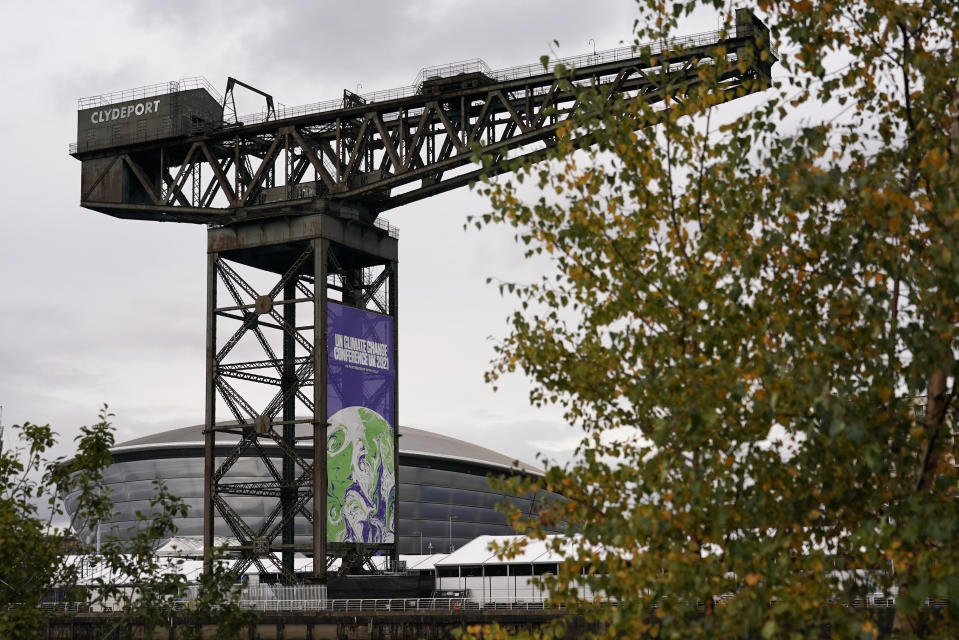 A view of the Scottish Event Campus the venue for the COP26 U.N. Climate Summit in Glasgow, Scotland, Sunday, Oct. 31, 2021. The U.N. climate summit in Glasgow formally opens Sunday, a day before leaders from around the world gather in Scotland's biggest city to lay out their vision for addressing the common challenge of global warming. (AP Photo/Alberto Pezzali)