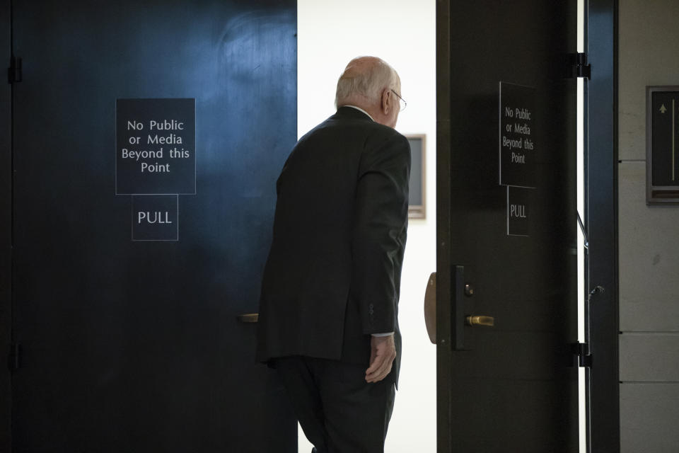 Sen. Patrick Leahy, D-Vt., a senior member of the Senate Judiciary Committee, enters a secure underground room in the Capitol to see a new FBI background file on sexual allegations that have been made against Supreme Court nominee Brett Kavanaugh, in Washington, Wednesday, Oct. 3, 2018. (AP Photo/J. Scott Applewhite)