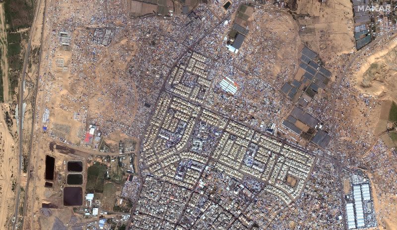 A satellite image shows tent shelters for displaced people in Rafah