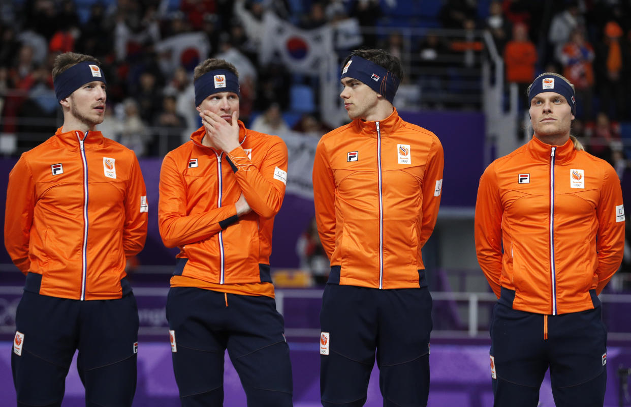 Sven Kramer (second from left) apologized for a celebration gone wrong at Heineken House. (AP Photo)