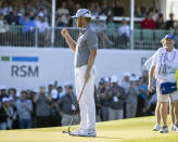 Talor Gooch celebrates his par putt on the 18th hole to win the RSM Classic golf tournament, Sunday, Nov. 21, 2021, in St. Simons Island, Ga. (AP Photo/Stephen B. Morton)