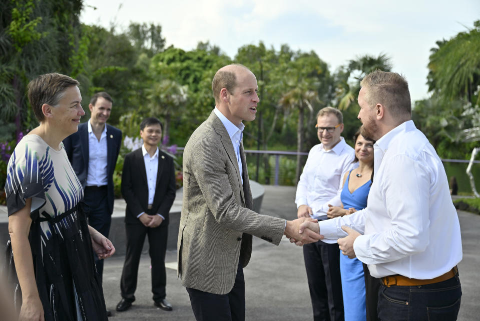 Britain's Prince William meets Earthshot Prize finalists at the famed Gardens by the Bay park in Singapore, Tuesday, Nov. 7, 2023. William is in Singapore for the annual The Earthshot Prize awards ceremony, the first to be held in Asia. William and his charity launched the global competition in 2020 to promote innovative solutions and technologies to combat global warming and protect the planet. (Caroline Chia/Pool Photo via AP)