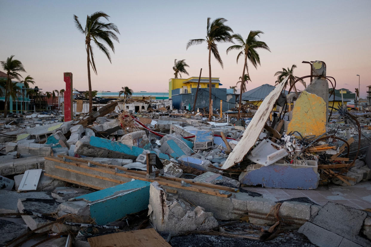 Remains of destroyed restaurants, shops and other businesses are seen after Hurricane Ian caused widespread destruction in Fort Myers Beach, Fla., on Oct. 4, 2022.