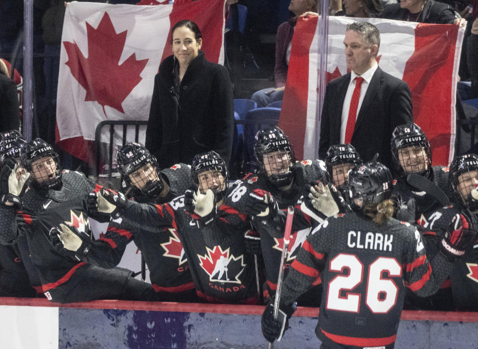 Canada's Emily Clark (26) celebrates her goal against Czechia during the second period of a semifinal at the women's world hockey championships in Utica, N.Y., Saturday, April 13, 2024. (Christinne Muschi/The Canadian Press via AP)