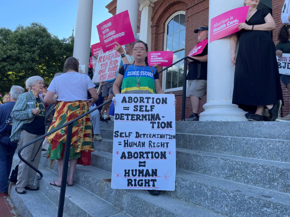 Kari Stephens participates in the "Bans Off Our Bodies" rally in front of Exeter Town Hall on Friday, June 24, 2022.