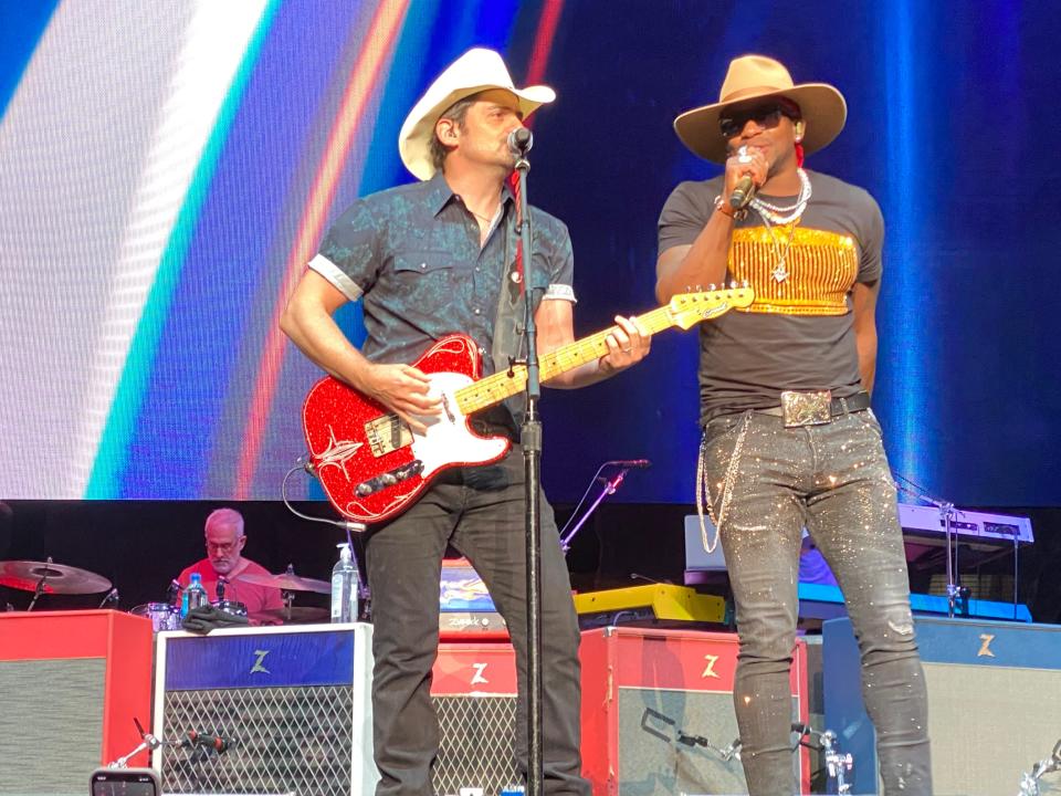 Jimmie Allen opened for country music star Brad Paisley in 2021 at Tom Benson Hall of Fame Stadium during the Concert for Legends in Canton. Allen joined Paisley on stage to sing "Freedom Was A Highway."