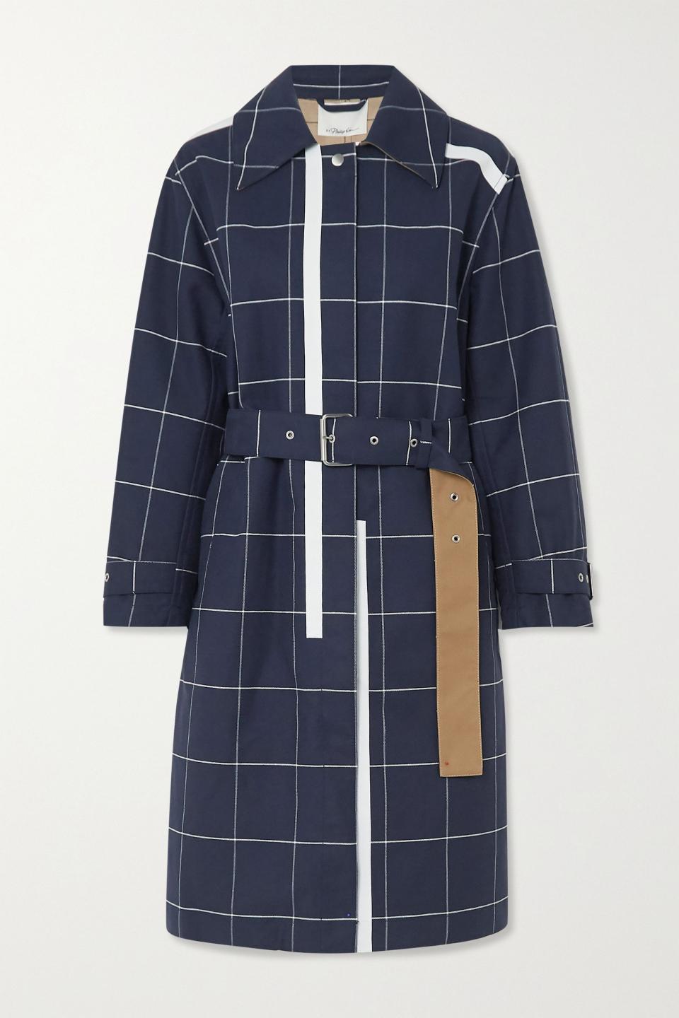 Belted checked cotton-blend garbadine trench coat