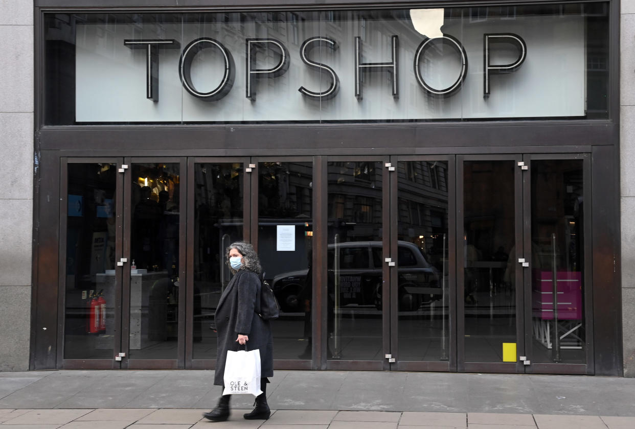 LONDON, ENGLAND - NOVEMBER 27: A general view of Topshop's flagship store on Oxford Street today on November 27, 2020 in London, England. British fashion empire Arcadia, which owns Topshop stores, announced Friday it was evaluating several "rescue options" to save its brands after media reports suggested an imminent bankruptcy attributed to the coronavirus pandemic. Bankruptcy of the group, which has 13,000 employees and more than 500 stores, would be a thunderclap in British commerce, already hit hard by the health crisis and the rise in online shopping. (Photo by Karwai Tang/WireImage)