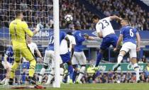 Britain Football Soccer - Everton v Leicester City - Premier League - Goodison Park - 9/4/17 Leicester City's Leonardo Ulloa heads at goal Action Images via Reuters / Carl Recine Livepic