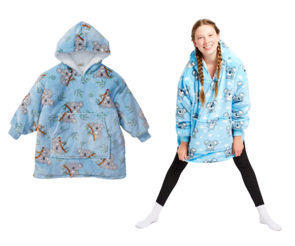 Left: Pale blue kids sherpa lined hooded blanket with grey koala print; Right: Girl wearing a blue Oodie with koalas print