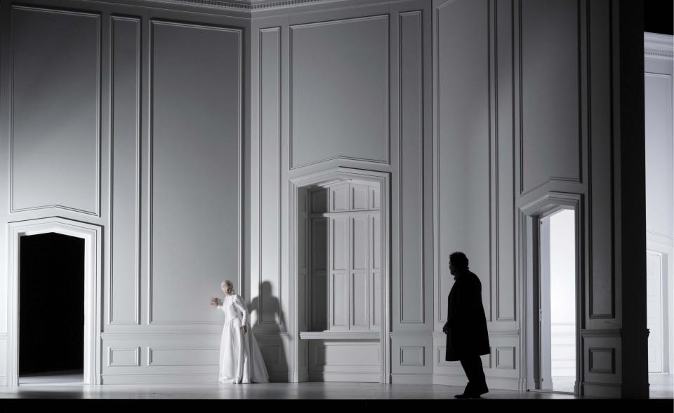 Mezzo-soprano Anna Danik as Erda, left, and bass-baritone Tomasz Konieczny as Wotan appear during rehearsals in a new production of Wagner’s “Das Rheingold” that opened at the Zurich Opera on April 30 and has nine performances through May 28. (Monika Rittershaus/Opernhaus Zürich via AP)