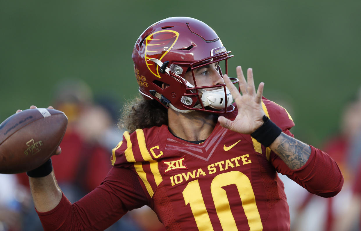 Iowa State quarterback Jacob Park warms up before an NCAA college football game against Texas, Thursday, Sept. 28, 2017, in Ames, Iowa. (AP Photo/Charlie Neibergall)