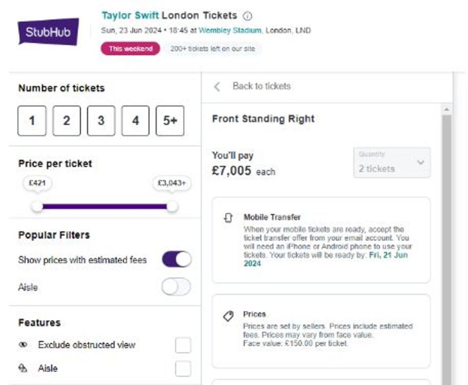 Taylor Swift Wembley tickets listed online for over £7,000 (handout)