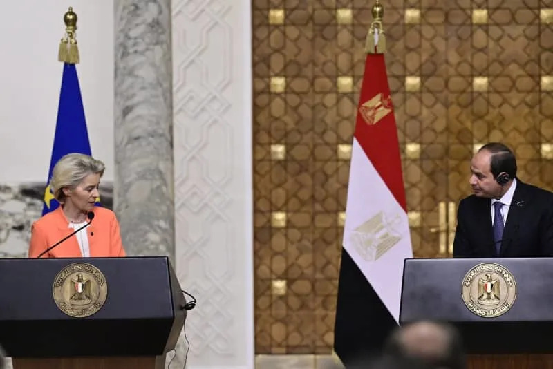 European Commission president Ursula Von der Leyen and Egypt president Abdel Fattah el-Sisi take part in a joint press conference. The European Commission, in a statement made in Cairo on Sunday 17 March revealed plans to provide financial aid to Egypt through a combination of loans and grants totalling €7.4 billion ($8.1 billion) until the end of 2027. Dirk Waem/Belga/dpa