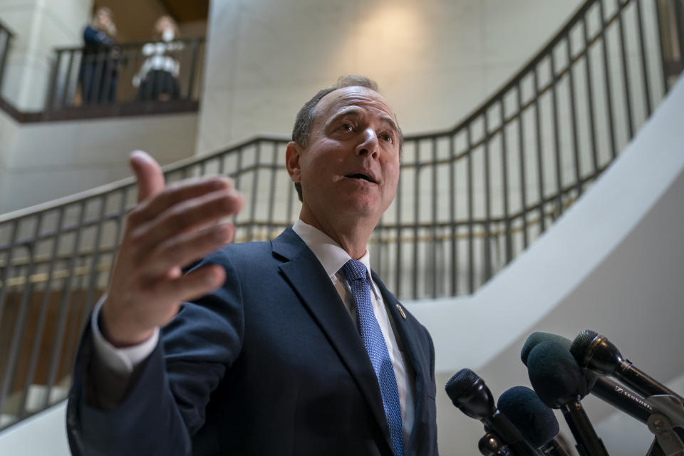 Rep. Adam Schiff, D-Calif., chairman of the House Intelligence Committee, speaks with reporters about a whistleblower complaint Thursday, Sept. 19, 2019, on Capitol Hill in Washington. Schiff says he cannot confirm a press report that said a whistleblower’s complaint concerned a promise President Donald Trump made on a phone call to a foreign leader. (AP Photo/J. Scott Applewhite)