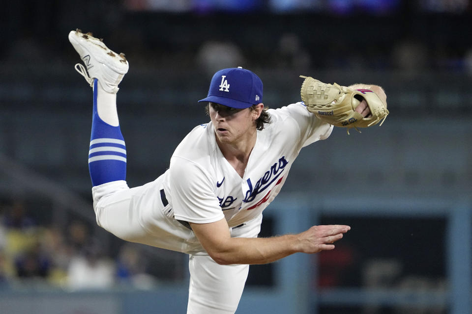 Los Angeles Dodgers starting pitcher Ryan Pepiot throws to the plate during the first inning of a baseball game against the San Diego Padres Wednesday, Sept. 13, 2023, in Los Angeles. (AP Photo/Mark J. Terrill)