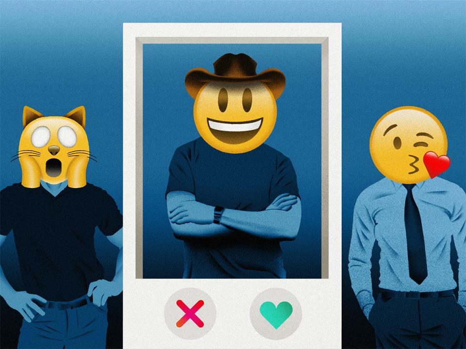 A row of men with different emoji heads in a live tinder situation