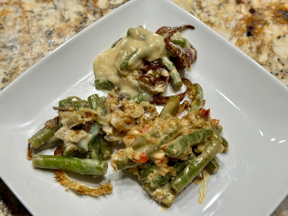 three kinds of green bean casserole on one plate