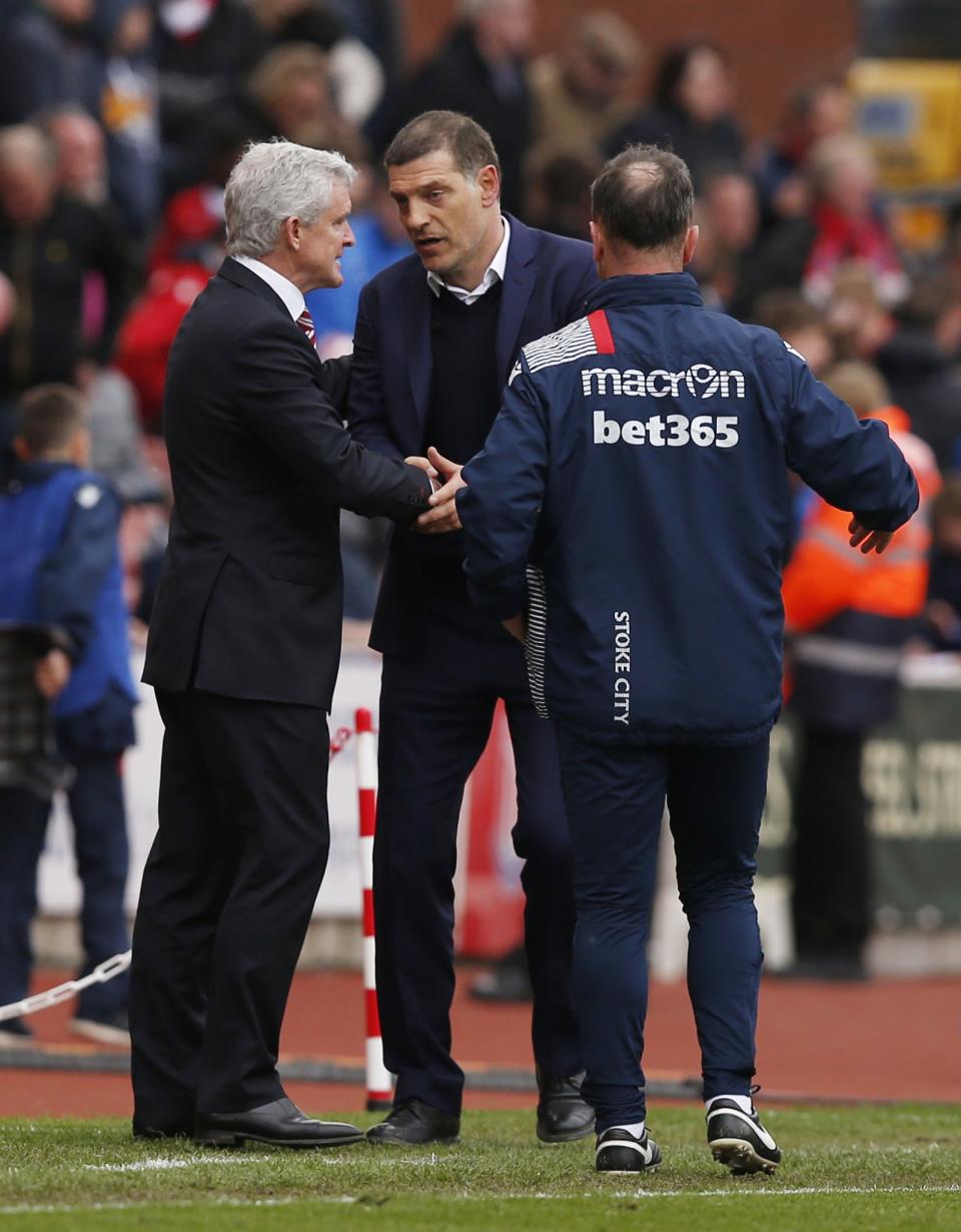 <p>West Ham United manager Slaven Bilic shakes hands with Stoke City manager Mark Hughes after the match </p>