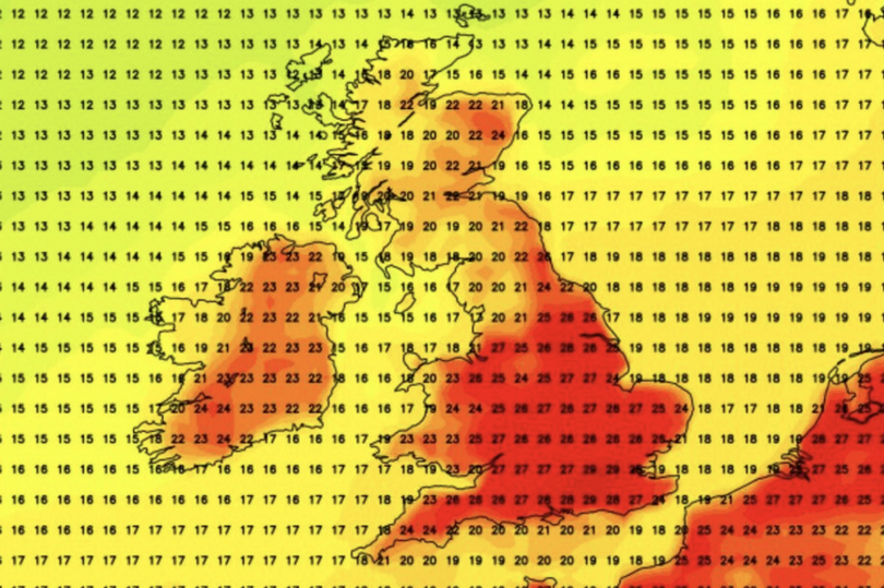 UK weather map showing red temperatures
