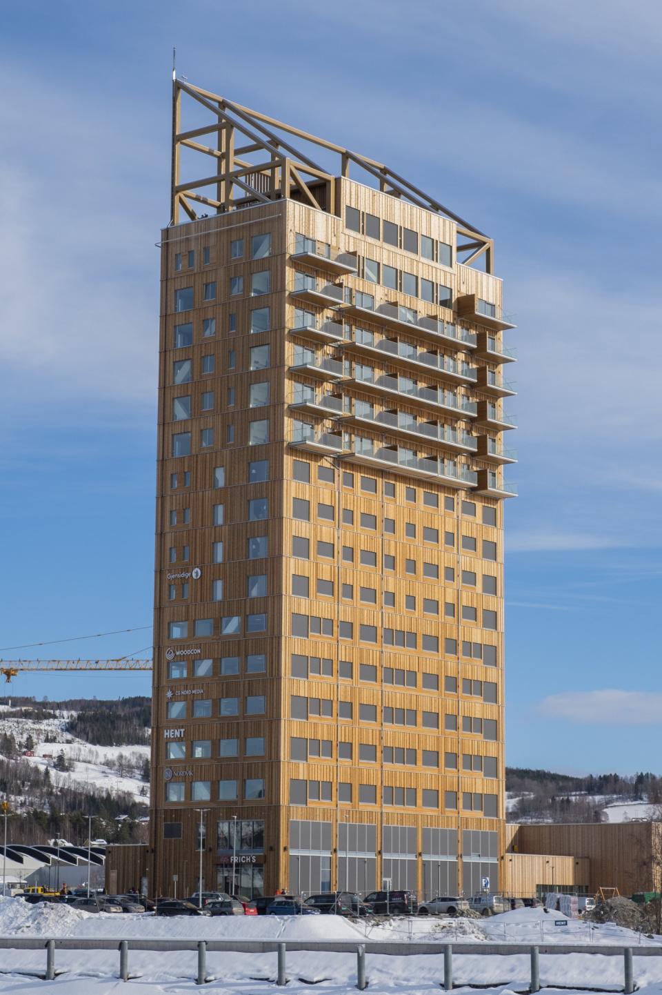 A look at the exterior of Mjøstårnet, the world's tallest timber structure.