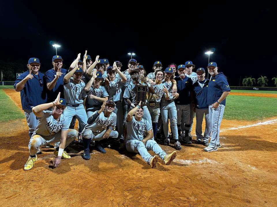The Naples baseball team celebrates after winning the CCAC Championship over Gulf Coast on Friday, April 21st, 2023.