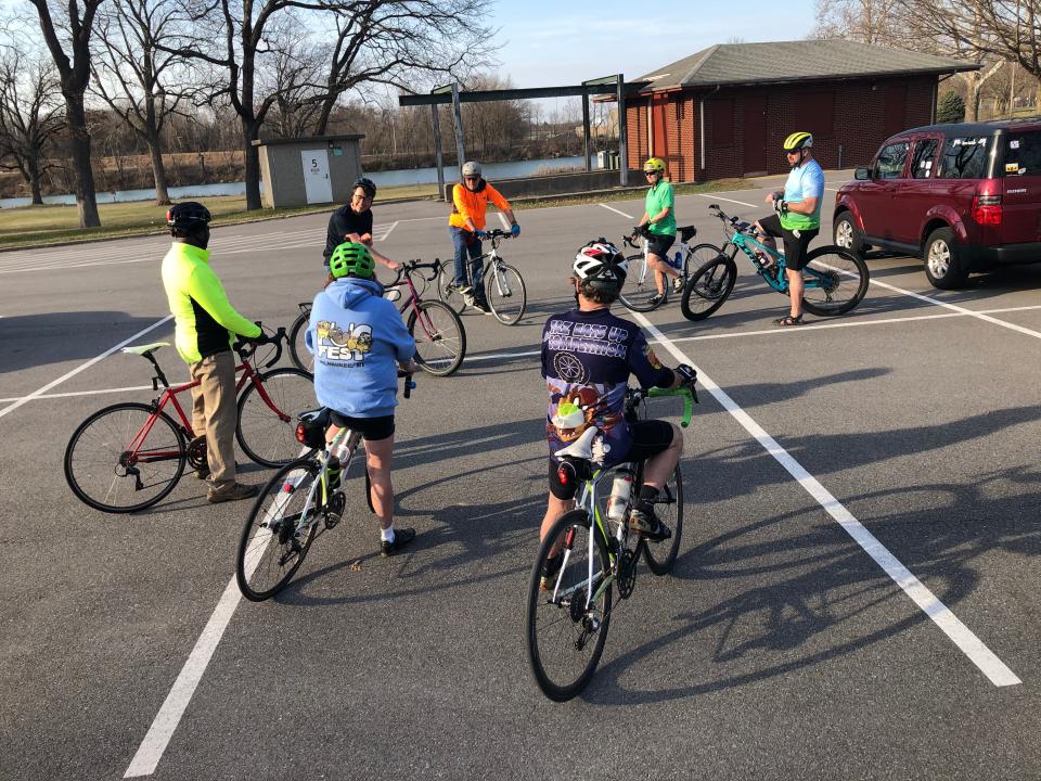 Cyclists organize themselves before departing on one of the weekly rides from South Bend's Pinhook Park with the Michiana Bicycle Association in March 2022.