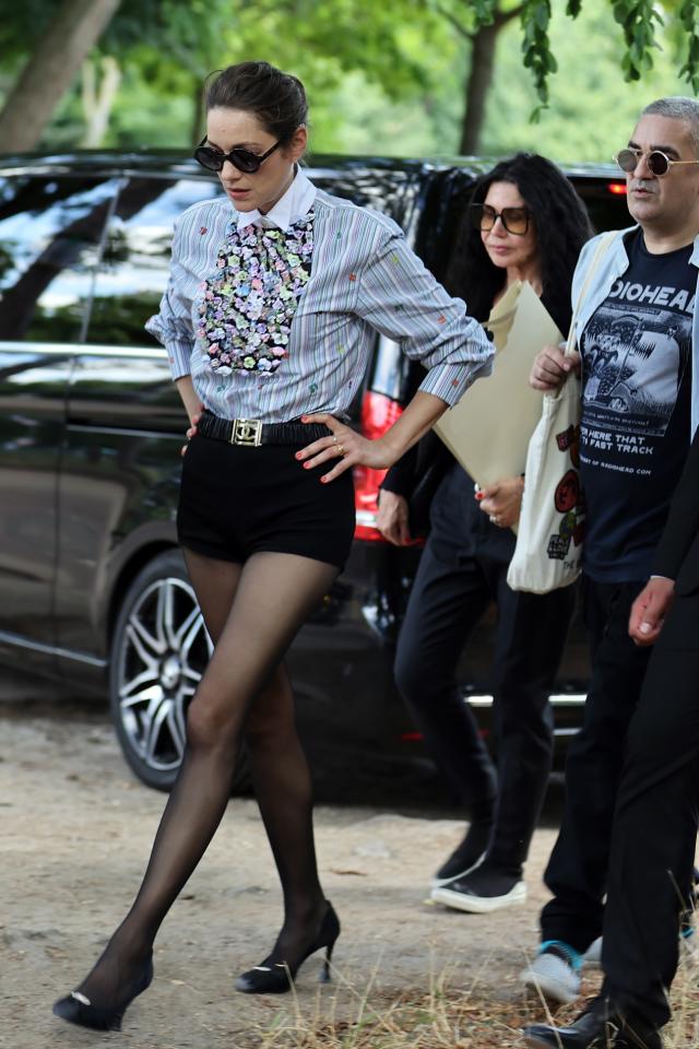 Marion Cotillard Wears Micro Shorts, Tights & Heels at Chanel's