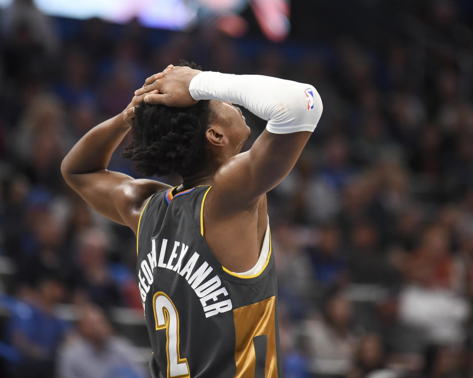 Oklahoma City Thunder guard Shai Gilgeous-Alexander reacts after the Thunder lose to the Boston Celtics in an NBA basketball game, Sunday, Feb. 9, 2020, in Oklahoma City. (AP Photo/Kyle Phillips)