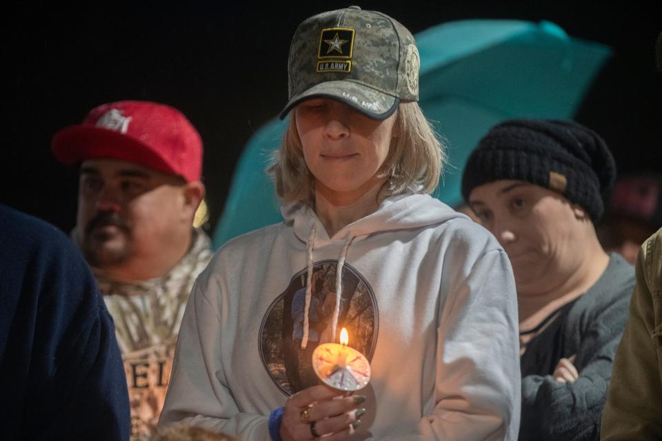 Samantha Lopez-Altamirano attends a vigil for her husband Rico Ruiz-Altamirano at the Hammer Landing shopping center in Stockton on Saturday, Jan. 14, 2023. Ruiz-Altamirano  was killed in an officer involved shooting at the Excel gas station in the shopping center on Tuesday, Jan. 10.