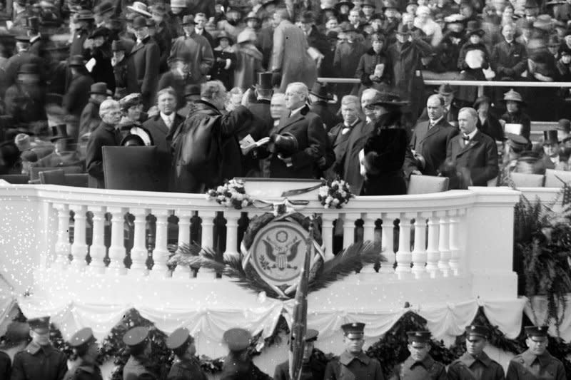 President Woodrow Wilson takes the oath of office -- delivered by Chief Justice Edward Douglass White -- for his second term on March 5, 1917. File Photo courtesy of the Library of Congress