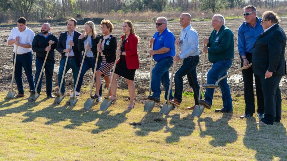 Officials break ground on the two new soccer fields under construction Tuesday, Feb. 7, 2023, at the Bayou Country Sports Park in Houma. The fields, as well as lighting, drainage, sprinklers, road extension, parking lot, and volleyball fields total cost was $2.9 million.