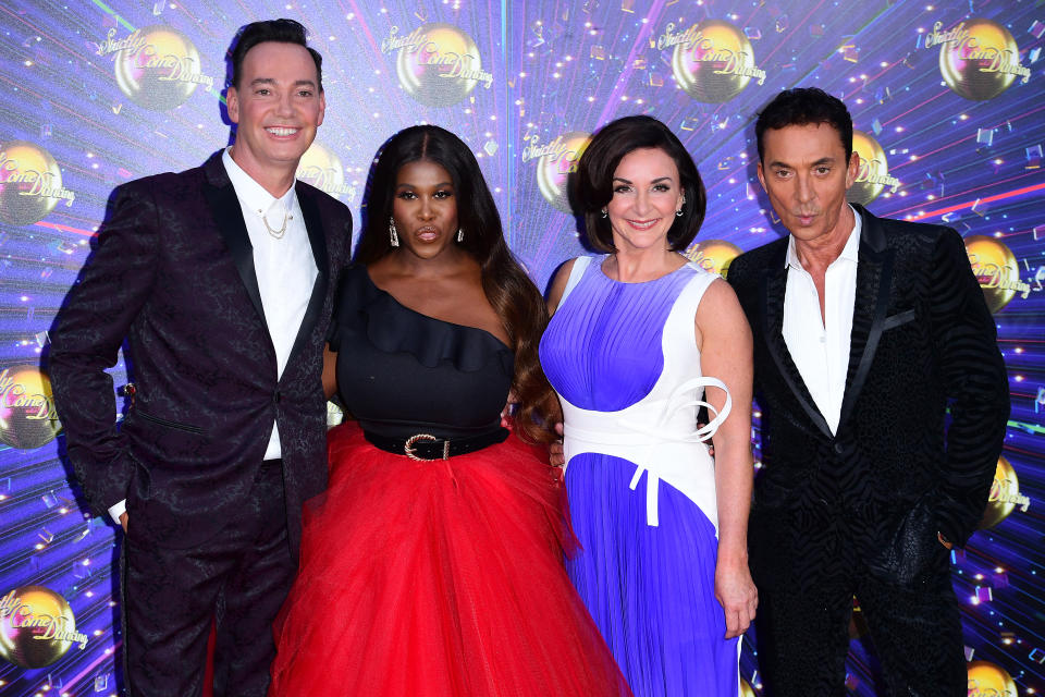 Craig Revel Horwood (left), Motsi Mabuse, Shirley Ballas and Bruno Tonioli (right) arriving at the red carpet launch of Strictly Come Dancing 2019, held at BBC TV Centre in London, UK.