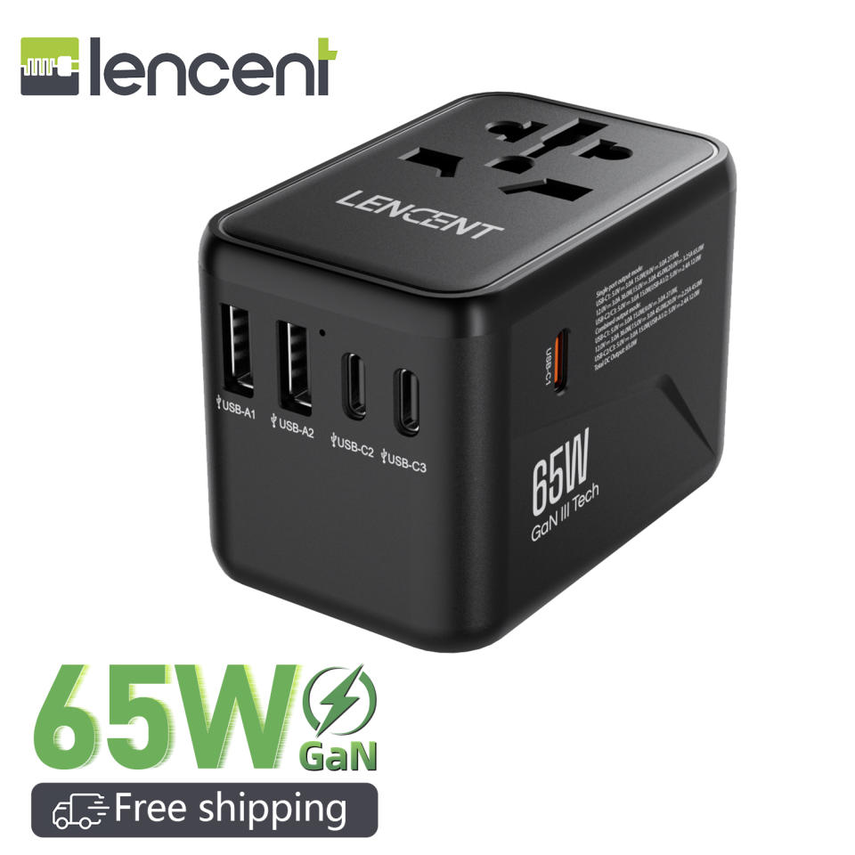 LENCENT GaN III 65W Universal Travel Adapter with 2 USB Ports & 3 USB-C. (Photo: Lazada SG)