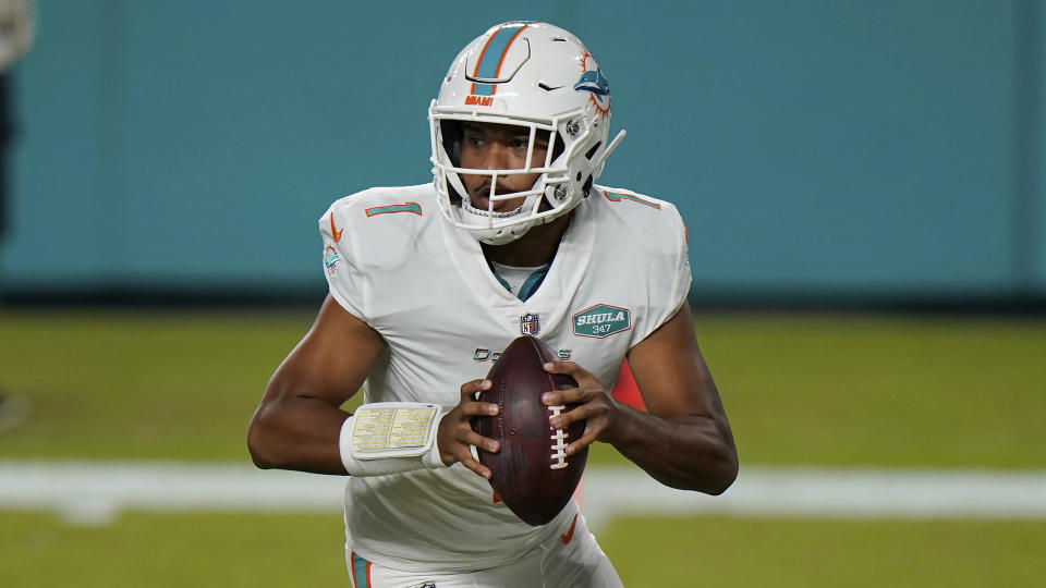 Miami Dolphins quarterback Tua Tagovailoa (1) will make his first start after the team's bye this week. (AP Photo/Lynne Sladky)