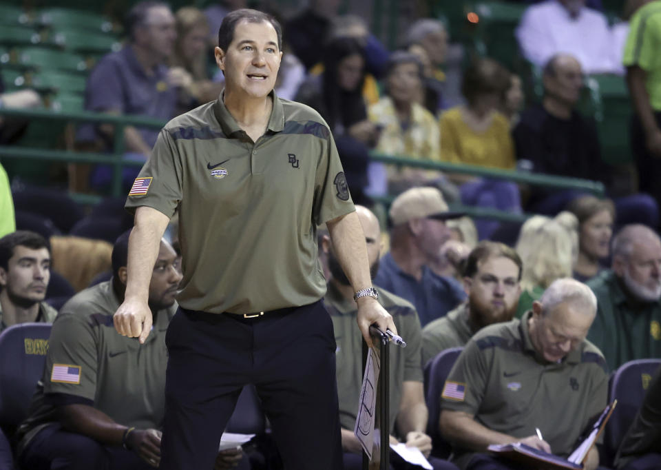 Baylor head coach Scott Drew looks on during a play in the second half of an NCAA college basketball game against John Brown, Thursday, Nov. 9, 2023, in Waco, Texas. (AP Photo/Rod Aydelotte)