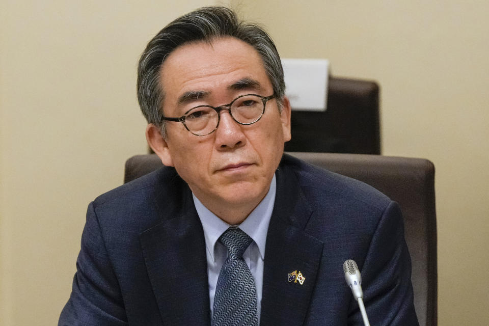 South Korea's Minister of Foreign Affairs Cho Tae-yul listens during an Australia and South Korea Foreign and Defence Ministers meeting in Melbourne, Australia, Wednesday, May 1, 2024. (Asanka Brendon Ratnayake/Pool Photo via AP)